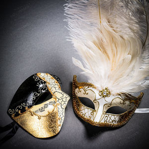 Phantom Half Face Musical Gold & Venetian Gold Mardi Gras Feather Couple Masks